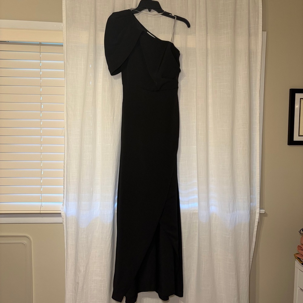 Kay Unger Gown Womens 0 Black One Shoulder Puff Sleeve Column Front Slit Formal